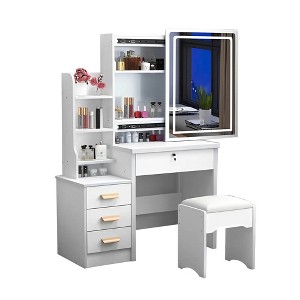Fashion Vanity Desk with Mirror and Lights for Makeup and Chair, Vanity Mirror with Lights and Table Set with 3 Color Lighting Brightness Adjustable - 1 of 4