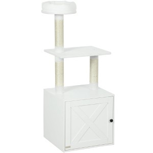 SKYONE White 3-Tier Cat Tree with Litter Box Enclosure, Scratching Posts, Climbing Platform & Top - 1 of 4
