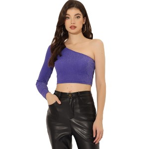 Allegra K Women's Party Glitter Metallic Slim Fitted One Shoulder T-Shirt - 1 of 4