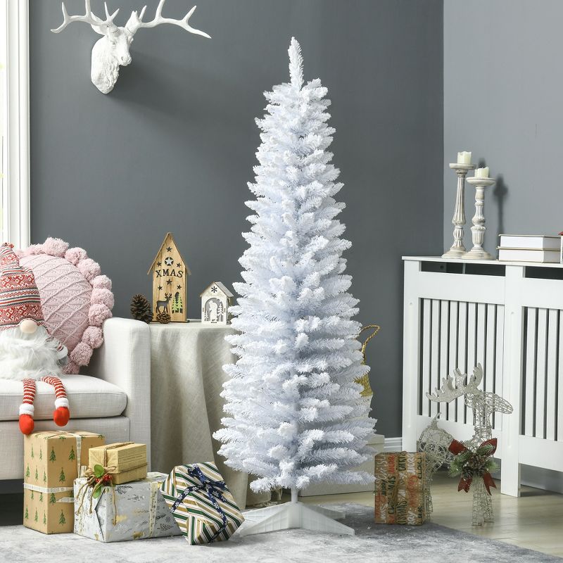 HOMCOM 5 FT Snow Flocked Artificial Pencil Christmas Tree, Slim Xmas Tree with Realistic Branches and Plastic Base Stand for Indoor Decoration White, 2 of 7