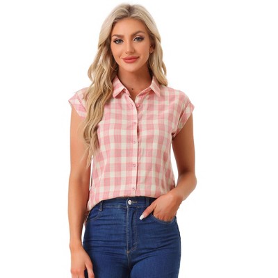 INSPIRE CHIC Women's Summer Plaid Short Sleeves Button Down Shirt