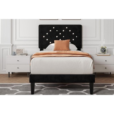 Velvet Bed Frame, Upholstered Platform Bed with Button Tufted Headboard & Under-Bed Storage Space, Sturdy Wooden Slats Support, No Box Spring Needed