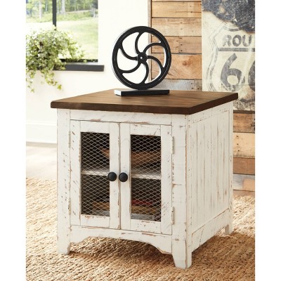 Rustic White and Brown Wood End Table with Storage