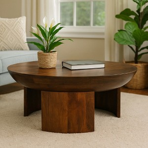 Royal Hampton 35 Inch Coffee Table | Handcrafted Round Mango Wood Top | Modern Curved Tripod Legs - 1 of 4