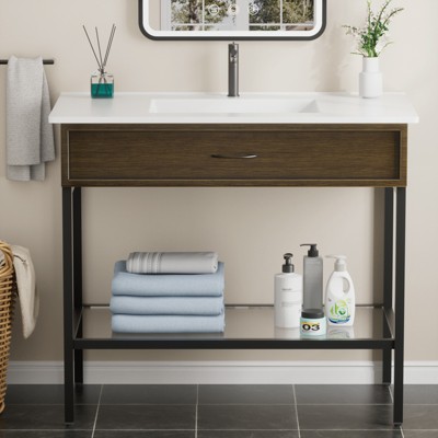 Bathroom Vanity with Resin Sink, Freestanding Modern Bathroom Cabinet Set with Metal Frame and Open Storage Glass Shelf