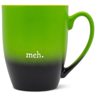 Elanze Designs Meh. Two Toned Ombre Matte Green and Black 12 ounce Ceramic Stoneware Coffee Cup Mug