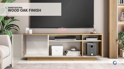 Oak and White Modern TV Stand with Chevron Pattern Cabinet for 70" Screens