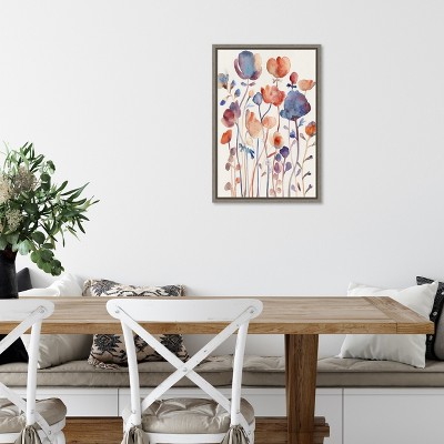 Wild Flowers Abstract Watercolor Canvas Wall Art in Gray Frame