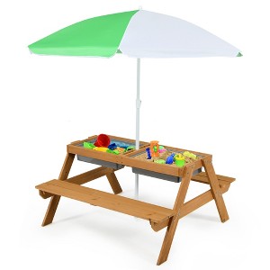 Costway 3-in-1 Kids Picnic Table Wooden Outdoor Sand & Water Table with Umbrella Play Boxes Natural/Blue/Green - 1 of 4