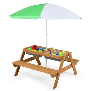 Babyjoy 3-in-1 Kids Picnic Table Outdoor Water Sand Table w/ Umbrella Play Boxes
