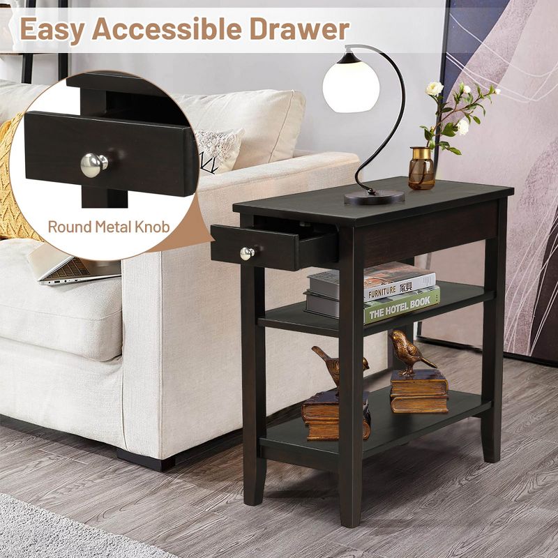 Costway 3-Tier Side End Table with Drawer Double Shelf Narrow Nightstand Espresso\Black, 4 of 11