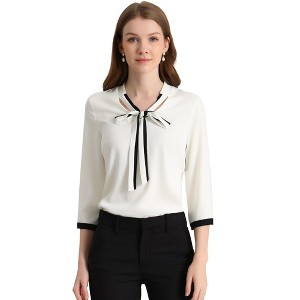 Allegra K Women's Office Bow Tie V Neck 3/4 Sleeve Elegant Chiffon Work Tops - 1 of 4