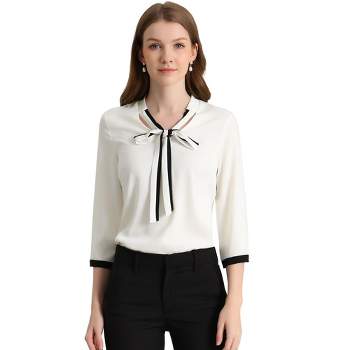 Allegra K Women's Office Bow Tie V Neck 3/4 Sleeve Elegant Chiffon Work Tops