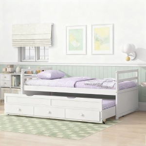 Luxystar Twin Size Pine Wood Bed with Headboard, Trundle and 3 Storage Drawers for Bedroom and Guest Room - 1 of 4