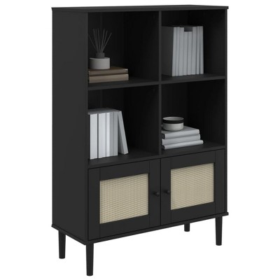 Senja Black Pine Wood Bookcase with Woven Rattan Doors