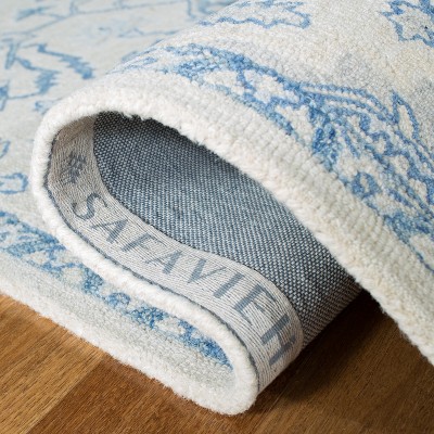 Ivory and Blue Handmade Wool Runner Rug