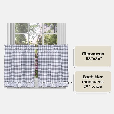 Gray Buffalo Plaid Cotton Polyester Tier Curtains with Macrame Border