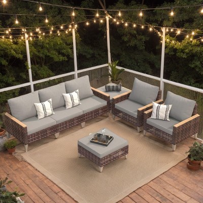 Outdoor Patio Sofa Set, 7 Pcs Sofa Set with Multifunctional Footstool, Rattan Sofa with Wooden Armrests and Removable PE Cushions-Coolbibila