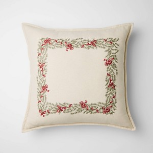 Natural Embroidered Green and Bows Pillow - 24 x 24" - Threshold™ designed with Studio McGee - 1 of 4