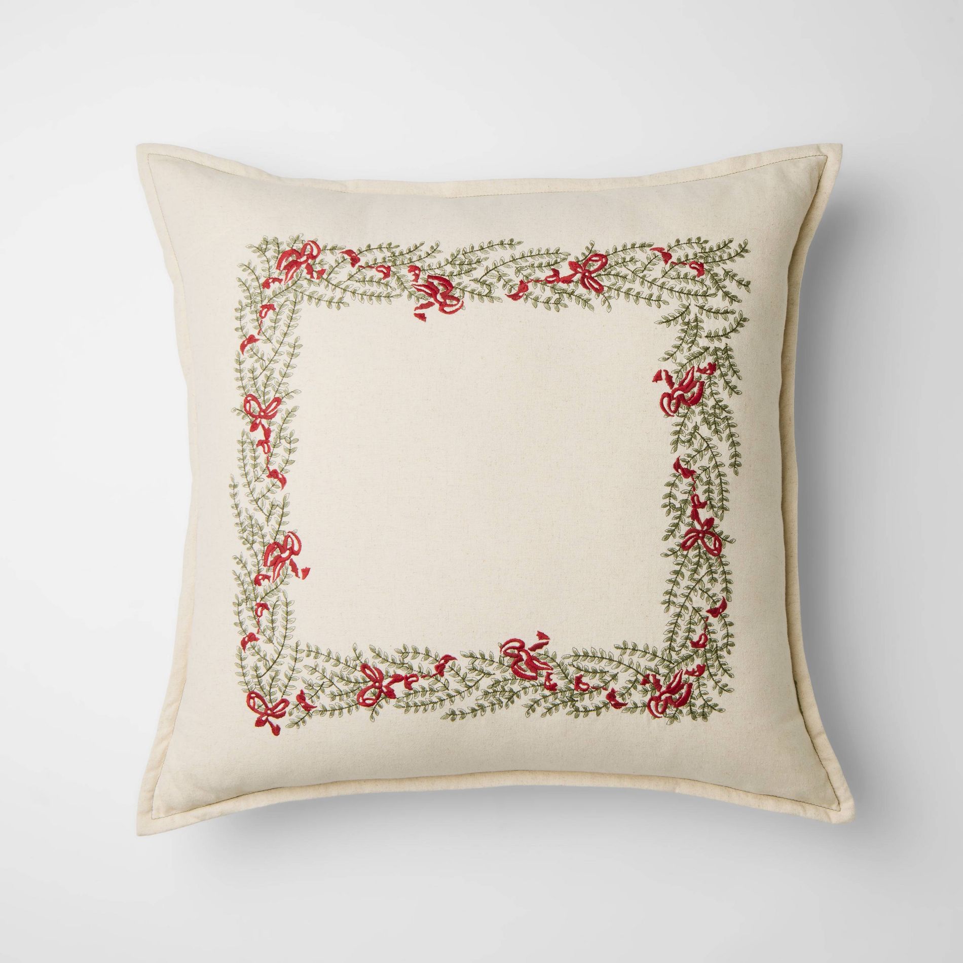 Natural Embroidered Green and Bows Pillow - 24 x 24" - Threshold™ designed with Studio McGee