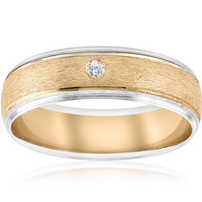 Pompeii3 Mens Gold Solitaire Diamond Brushed Wedding Ring Band