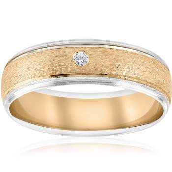 Pompeii3 Mens Gold Solitaire Diamond Brushed Wedding Ring Band
