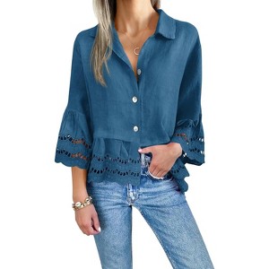 Imily Bela Womens 3/4 Bell Sleeve Eyelet Button Down Shirt Casual Ruffle Hem Blouse - 1 of 4