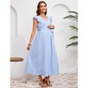 Maternity V Neck Dress Ruffle Cap Sleeve Summer Pleated Midi Dress with Belt Baby Shower Photoshoot - 4 of 4