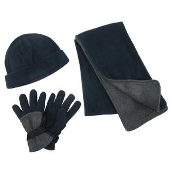 CTM Men's Reversible Fleece Hat Gloves and Scarf Winter Set, Navy / Grey