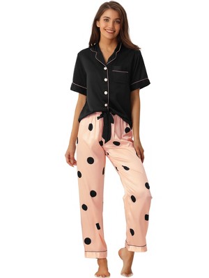 cheibear Women's Silky Floral Short Sleeves Sleepshirt with Pants Pjs Set 2  Pcs Black-White Medium