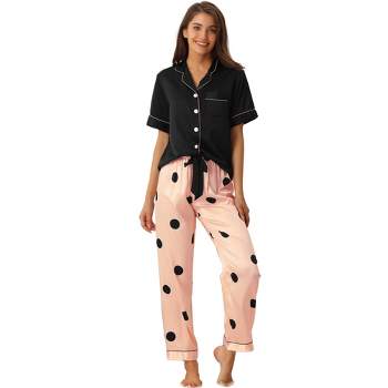 cheibear Women's Summer Satin Button Down Short Sleeve Tops with Pants Silky Lounge Pajama Sets