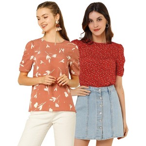 Allegra K Women's Floral Summer Crew Neck Casual Shirred Short Sleeve Blouse 2 Pcs - 1 of 4