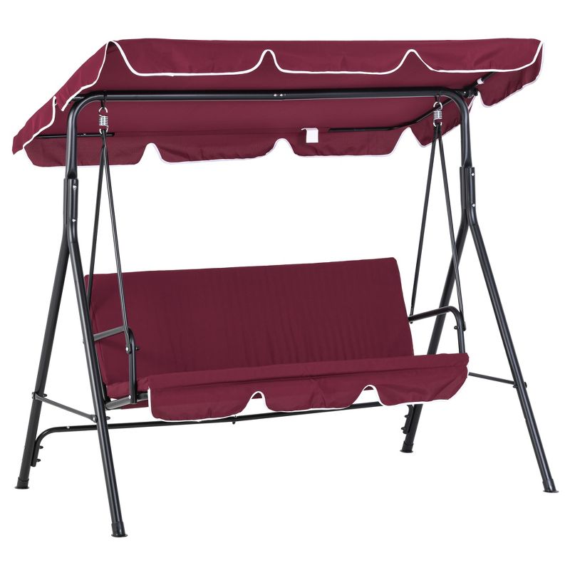 Outsunny 3-Seat Outdoor Patio Swing Chair with Removable Cushion, Steel Frame Stand and Adjustable Tilt Canopy for Patio, Garden, Wine Red, 1 of 7