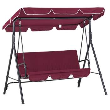 Outsunny 3-Seat Outdoor Patio Swing Chair with Removable Cushion, Steel Frame Stand and Adjustable Tilt Canopy for Patio, Garden, Wine Red