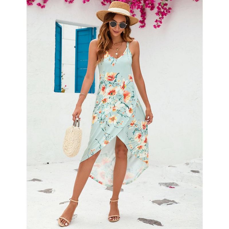 WhizMax Women 2024 Summer Adjustable V Neck Wrap Floral Dress with Irregular Hemline Sleeveless Spaghetti Strap Midi Dress, 3 of 6