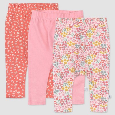 Honest Baby Girls' 3pk Organic Cotton Meadow Floral Cuff-Less Harem Pull-On Pants - Pink Newborn