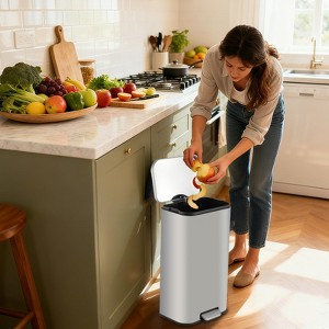 Stainless Steel Trash Can with Soft-Close Lid & Removable Inner Bucket for Bathroom, Kitchen Bedroom - 1 of 4