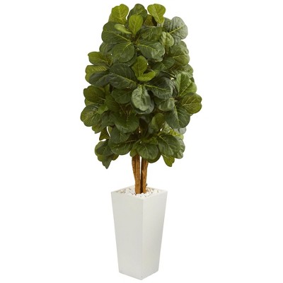 Nearly Natural 5-ft Fiddle Leaf Artificial Tree in White Tower Planter