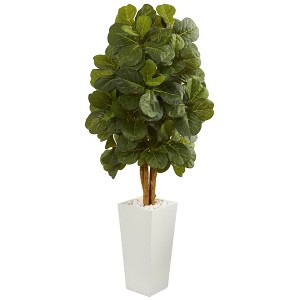 Nearly Natural 5-ft Fiddle Leaf Artificial Tree in White Tower Planter - 1 of 1