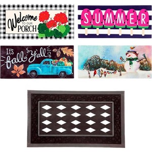 Evergreen Indoor Outdoor Doormat Bundle Set of 5 - Frame and 4 Welcome Seasonal Inserts Blue Truck Geraniums Snowmen Popsicles - 1 of 4