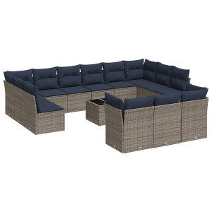 vidaXL Patio Sofa Set with Cushions 14 Piece, Sectional Sofa with Glass Table, Outdoor Conversation Set, Modern Style, Gray Poly Rattan - 1 of 4