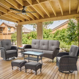 Outdoor 3-Seat Sofa Swivel Chair Table with Ottomans - 1 of 4