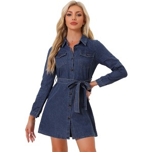 Allegra K Women's Belted Long Sleeves Button Front Denim Shirt Dress - 1 of 4