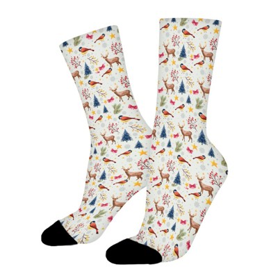 Christmas Deer Birds Women Printed Crew Socks Funny Funky Socks Soft Polyester Novelty Gifts for Artists Men