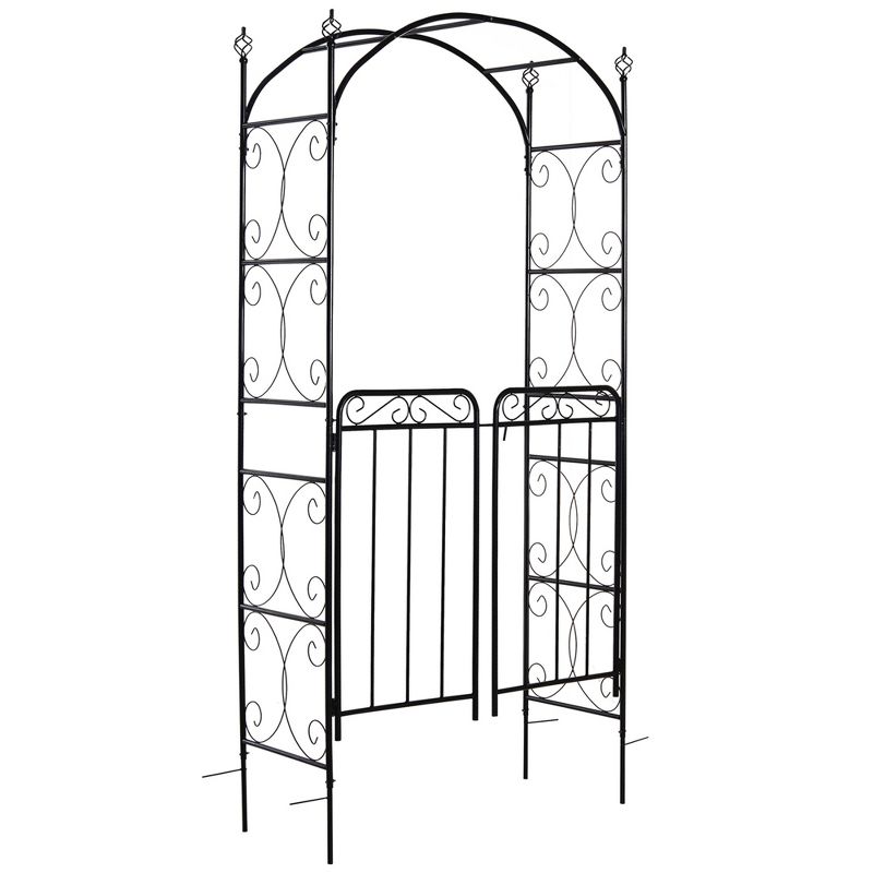 Outsunny Garden Arbor Arch Gate with Trellis Sides for Climbing Plants, Wedding Ceremony Decorations, Grape Vines, Locking Doors, Swirls, Black, 1 of 9