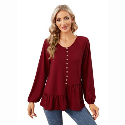 Clearlove Women's Casual V Neck Button Shirt Long Sleeve Blouse Asymmetrical Loose Flowy Ruffled Blouses