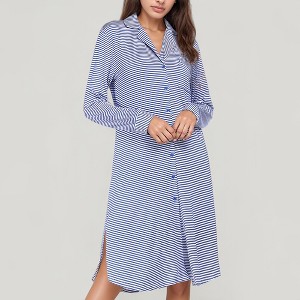 Anna-Kaci Lounge Women's Woven Stripe Long Sleeve Button Down Sleep Shirt with Lapel Collar and Curved Hem - 1 of 4