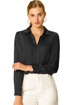 INSPIRE CHIC Women's Elegant V Neck Long Sleeve Office Work Satin Shirt