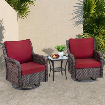 Outdoor Swivel Wicker Glider Patio Chairs with Table Set, 3PCS Outdoor Bistro Set with 4inch Thick Cushions and Coffee Table for Porch, Balcony