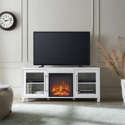 Elegant White 58" TV Stand with Integrated Fireplace and Storage Cabinets